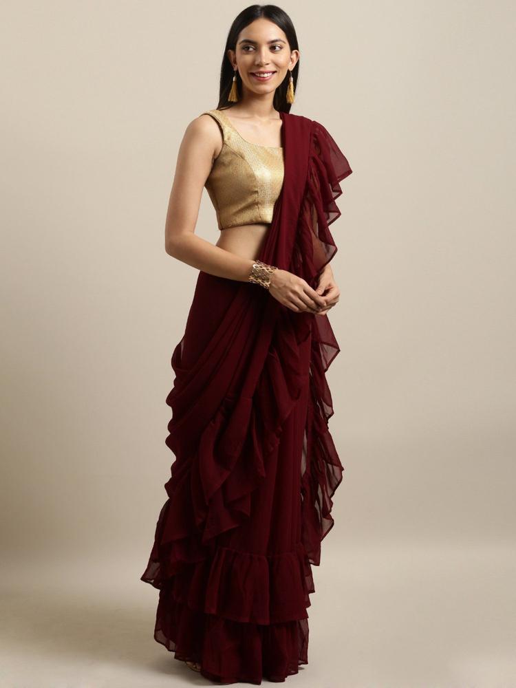 Maroon Solid Poly Georgette Ruffle Saree with Unstitched Blouse