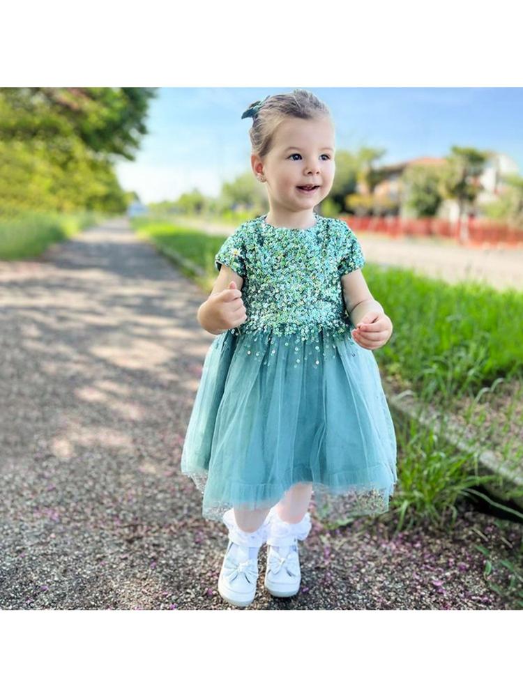 Green Emerald Sequins Dress With Bow And Clip