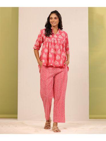 Women's Printed Pink Pure Cotton Pyjama Top Night Suit Set