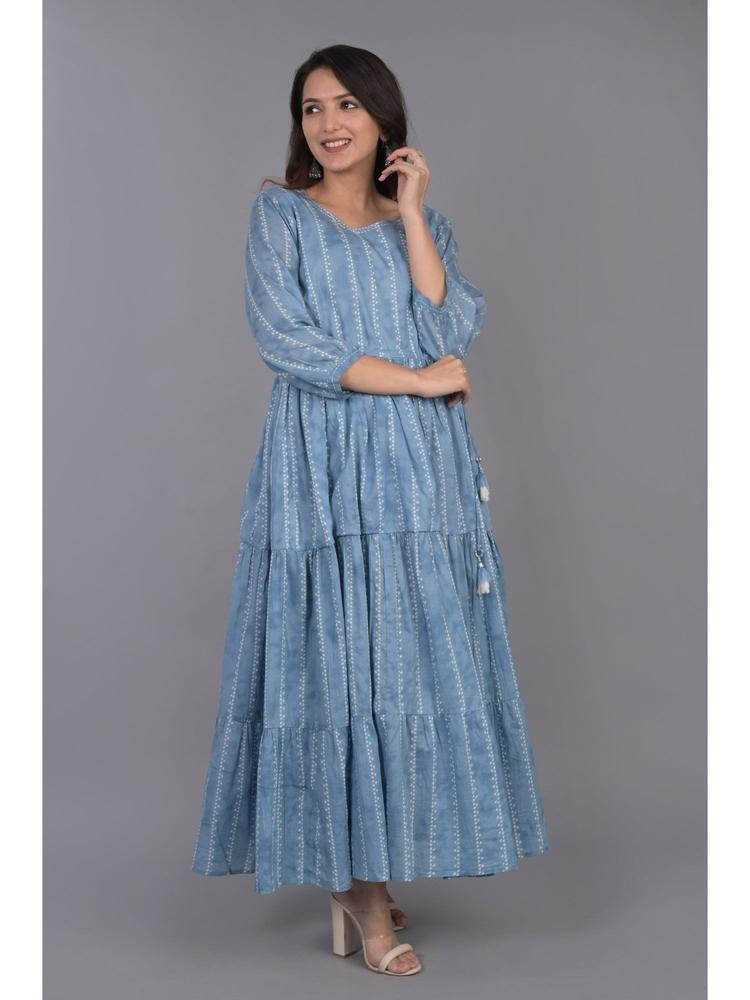 Cotton 3 Tier Blue Flared Dress