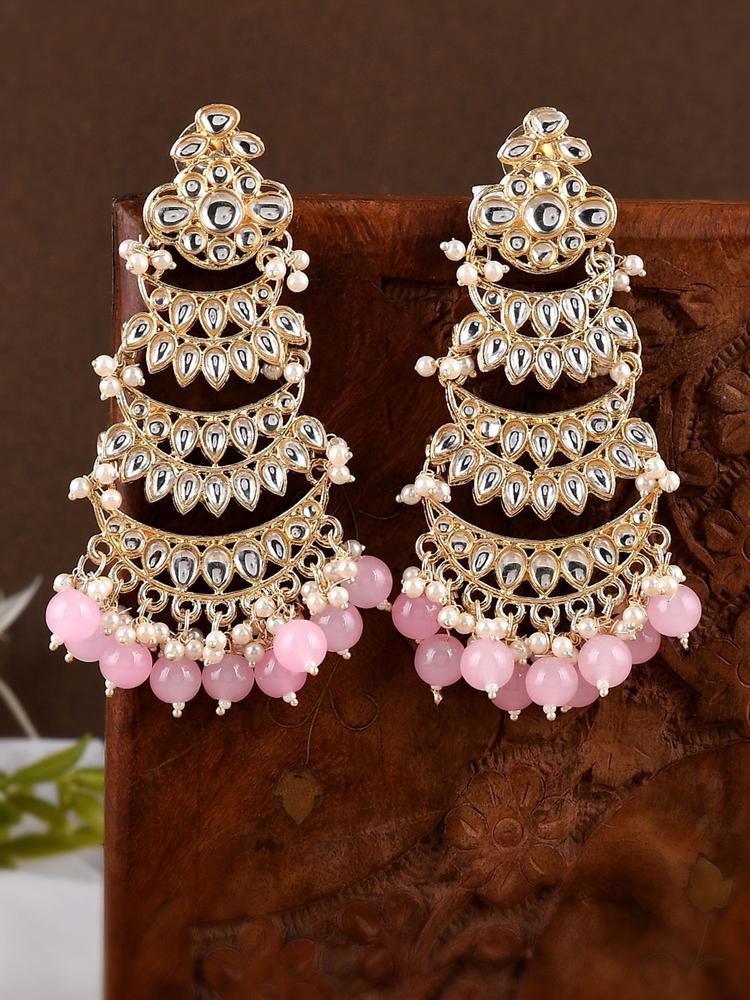 Gold-Plated Handcrafted Pink Kundan Drop Earrings