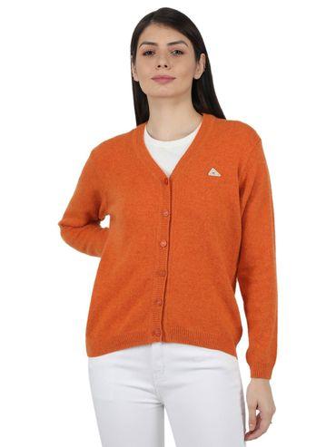 Womens Lambs Wool Orange Solid V Neck Cardigan
