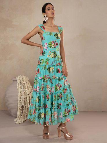 Phooljhadi Turquoise Printed & Tiered Maxi Dress