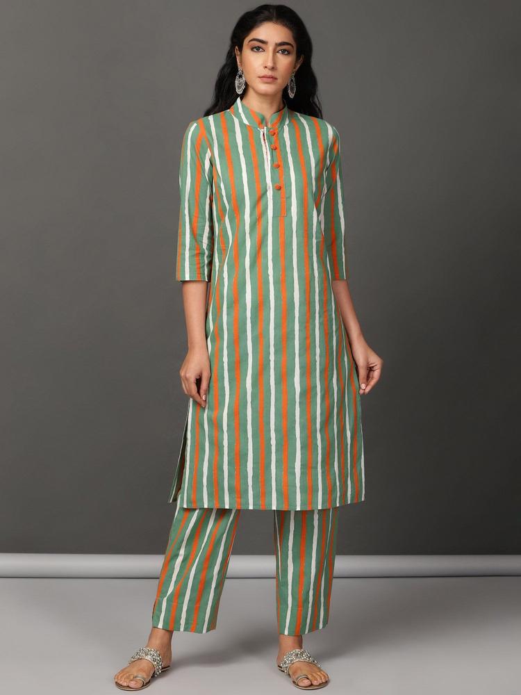 Multi-Color Stripe Straight Kurta With Rounded Bottom And Pant (Set of 2)