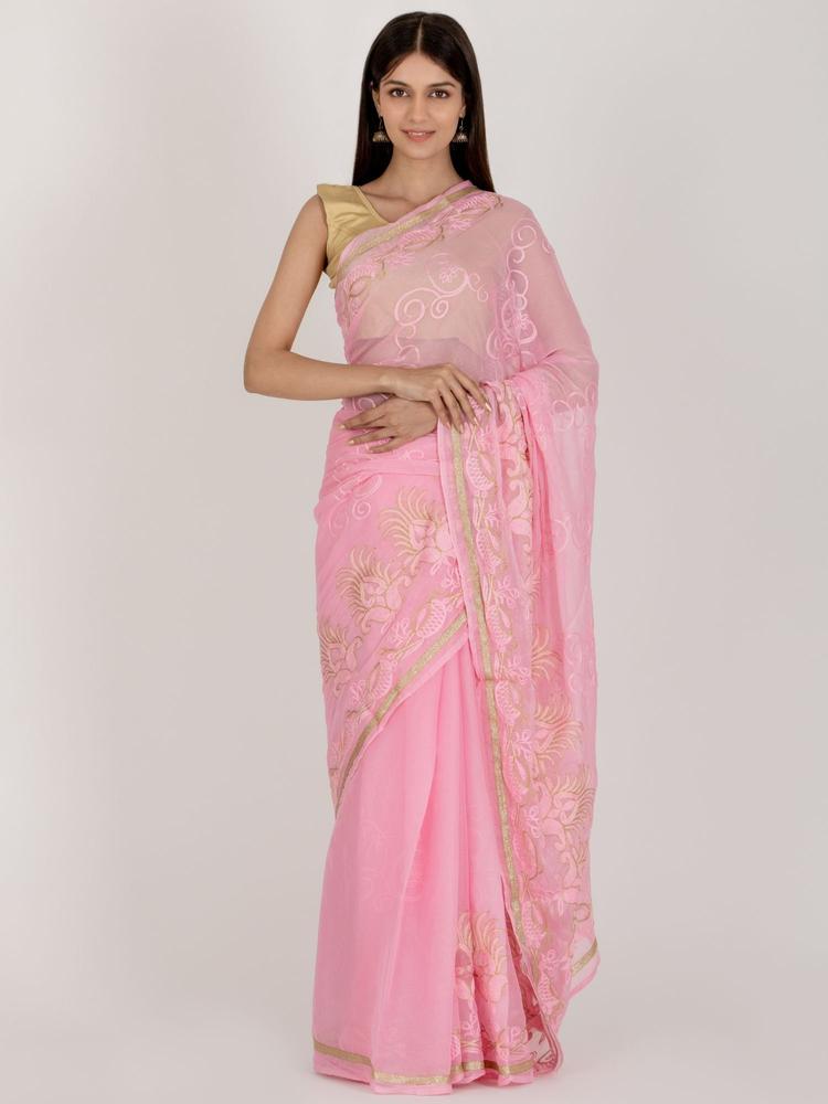 Custom Pink Embroidered Saree with Unstitched Blouse