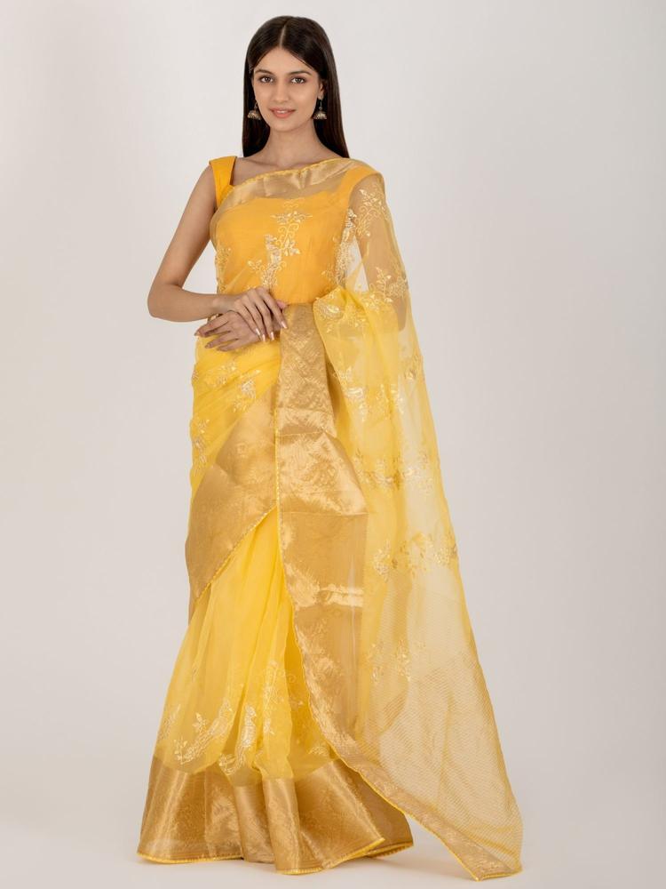 Peacock Midnight Yellow Saree with Unstitched Blouse