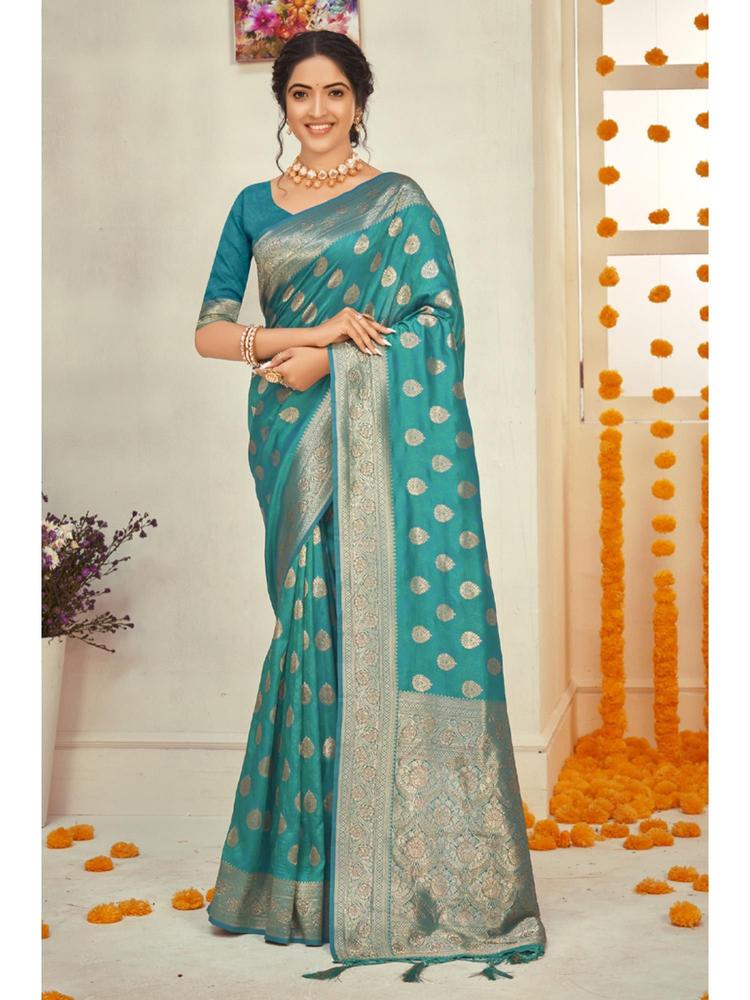 Sky Blue Silk Woven Zari Work Traditional Tassel Saree with Unstitched Blouse