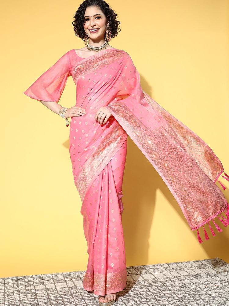Cotton Blend Pink Woven Design Celebrity Saree With Unstitched Blouse