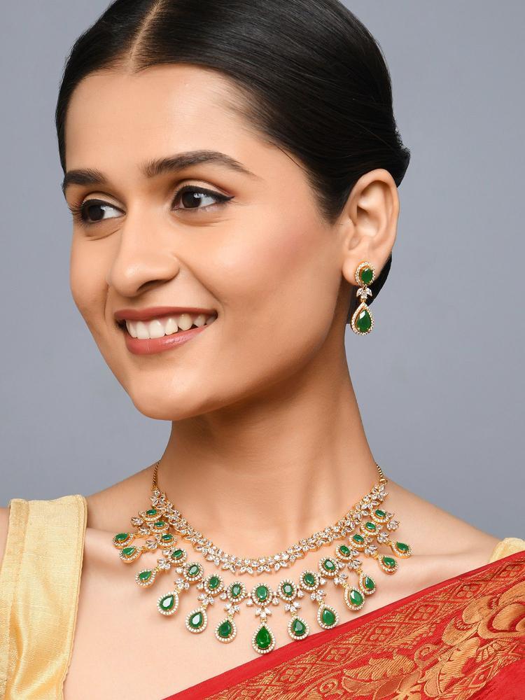 Luxurious American Diamond and Green stone studded Layered Jewellery Set for Women