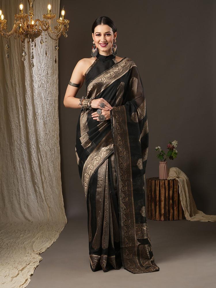 Womens Cotton Silk Black Woven Design Designer Saree with Unstitched Blouse