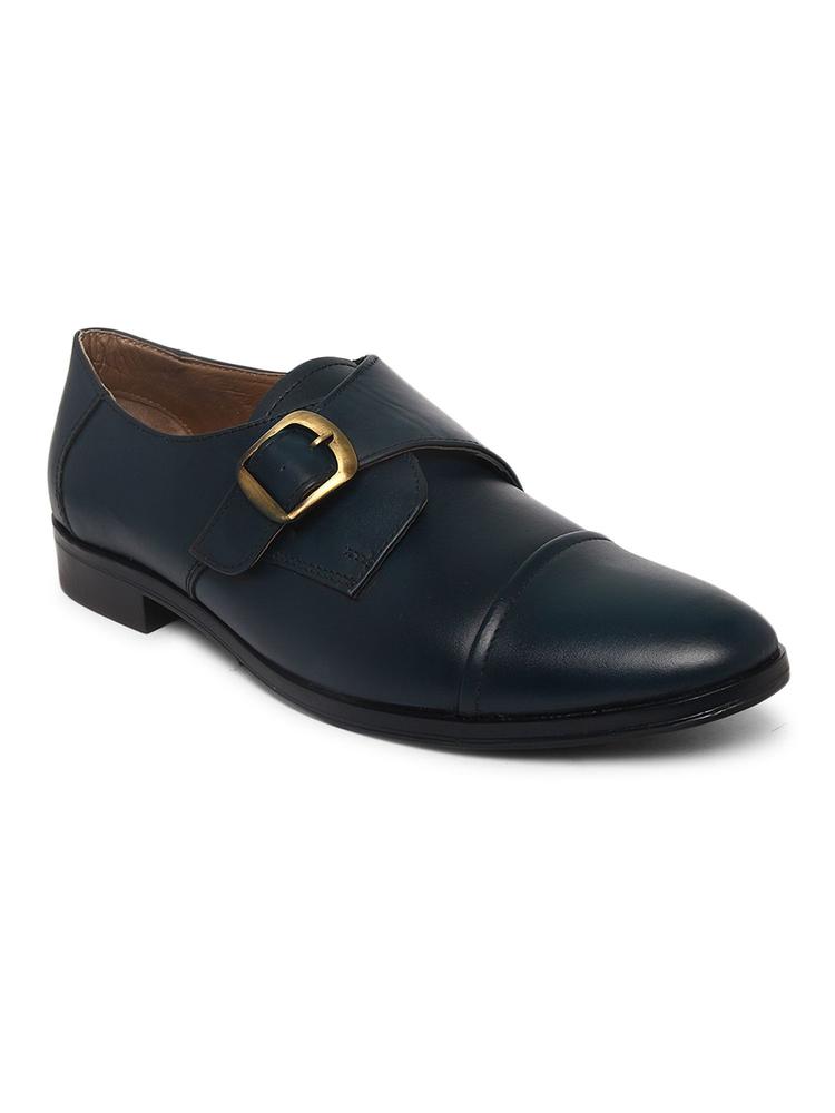 Blue Italian Leather Single Monk Plain Shoes for Men