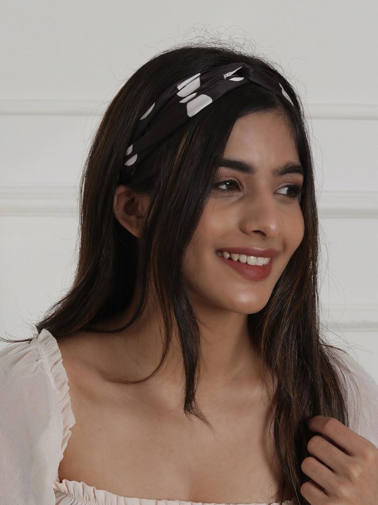Black & White Polka Dot Printed Elasticated Headband-Head Band For Women