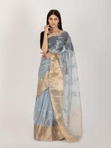 Peacock Midnight Grey Saree with Unstitched Blouse