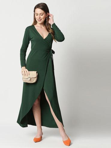 Women V-Neck Dresses Bottle Green Color Full Sleeve