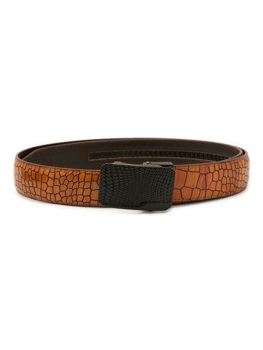 Orange Mens Genuine Leather Belt With Grid Pattern Buckle