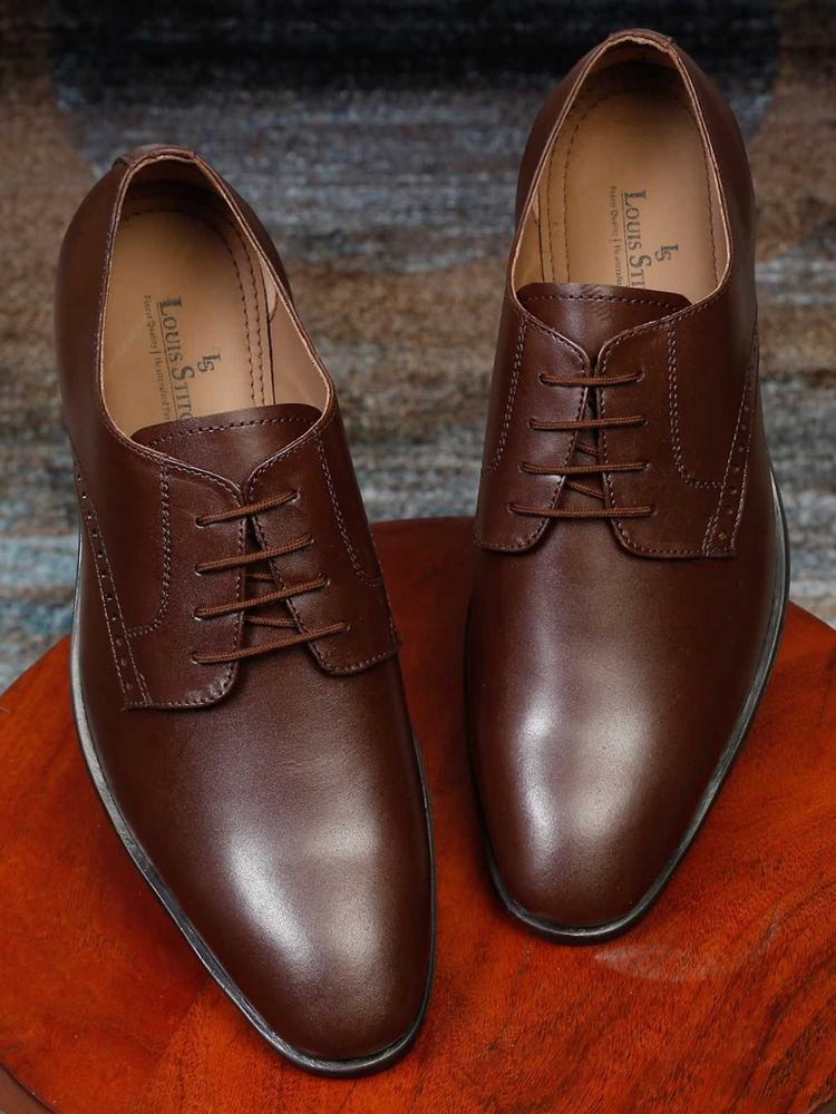 British Brown Italian Leather Plain Derby Shoes for Men