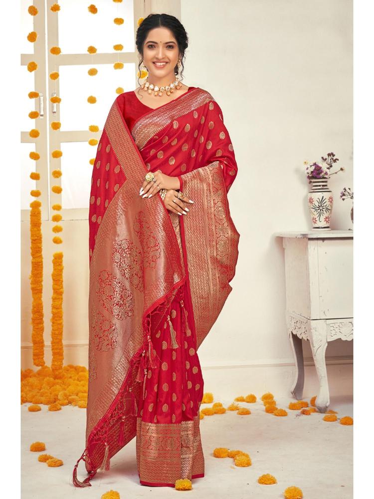 Red Silk Woven Zari Work Traditional Tassel Saree with Unstitched Blouse