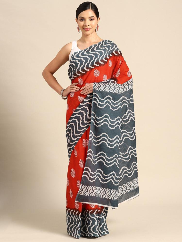 Red Color Pure Cotton Floral Printed Saree with Unstitched Blouse