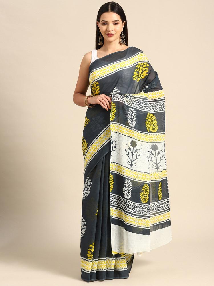 Multi Color Pure Cotton Floral Printed Saree with Unstitched Blouse
