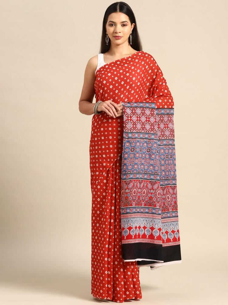 Red Color Pure Cotton Bandhani Printed Saree with Unstitched Blouse