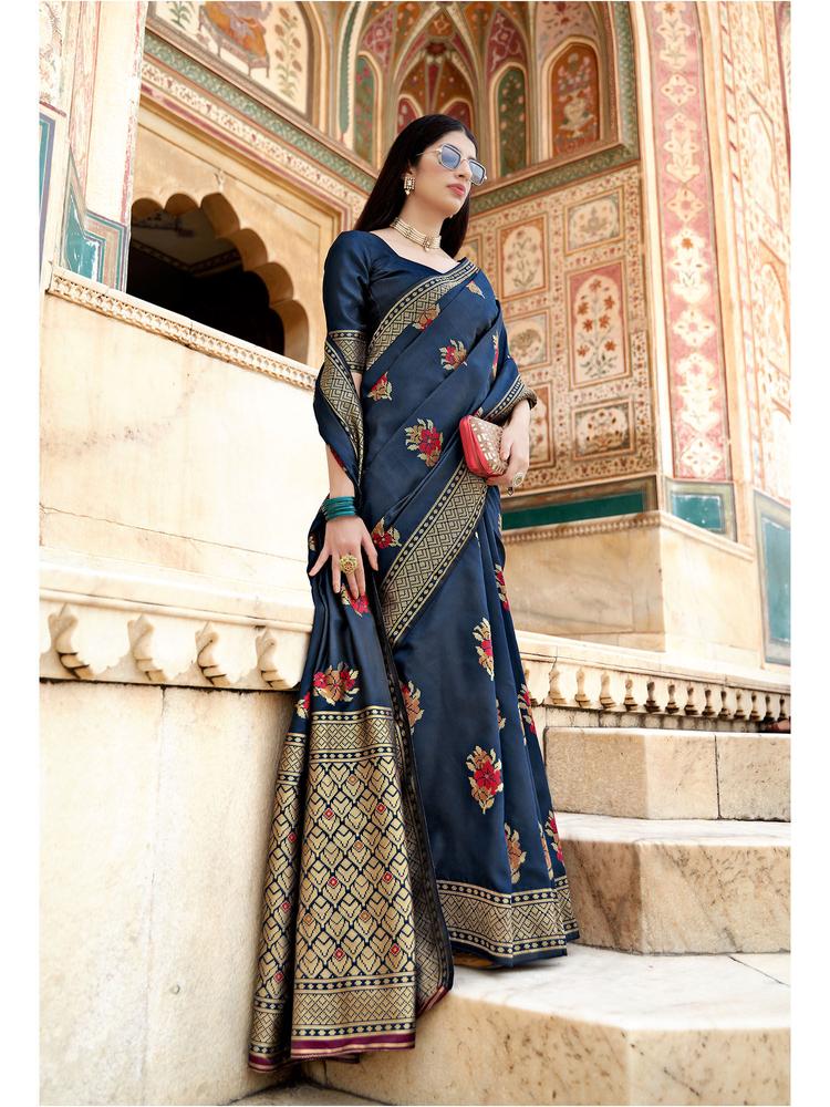 Navy Blue Color Banarasi Soft Silk Weaving Saree with Unstitched Blouse