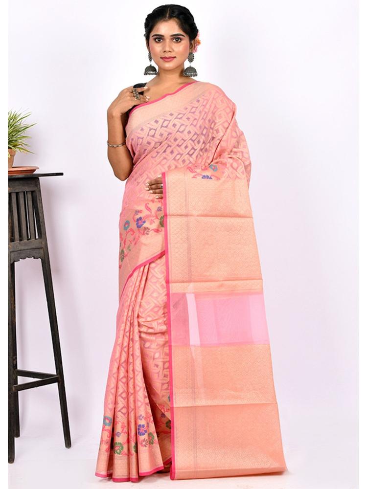 Pink Kora Silk Saree with Unstitched Blouse