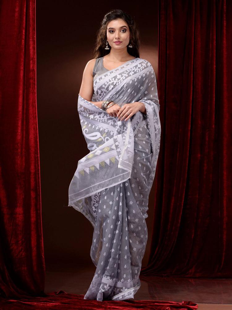 Light Grey Silk Cotton Handwoven Jamdani Saree with Floral Borders and Paisley Pallu