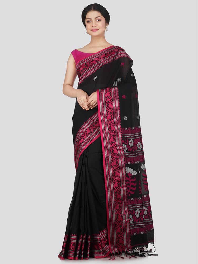 Womens Cotton Saree with Unstitched Blouse-Black