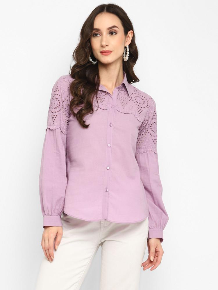 Lavender Embroidered Schiffli Shirt For Women