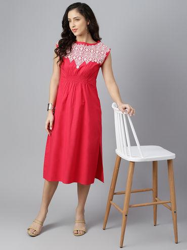Pink Embroidered Ethnic Motifs Pleated Fit and Flare Dress