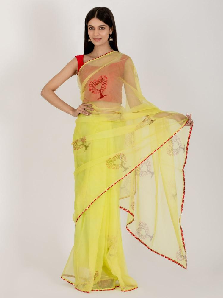 Lime Green Organza Saree with Unstitched Blouse