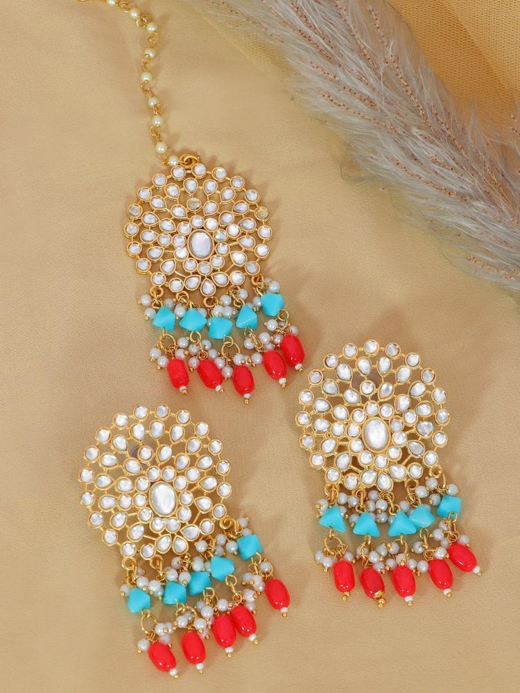 Gold-Plated Pearls Multicolor Kundan Earring Tika Set