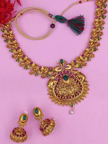 Gold Plated Artistically Crafted Gajaraj & Peacocks Nakshi Temple Necklace Set