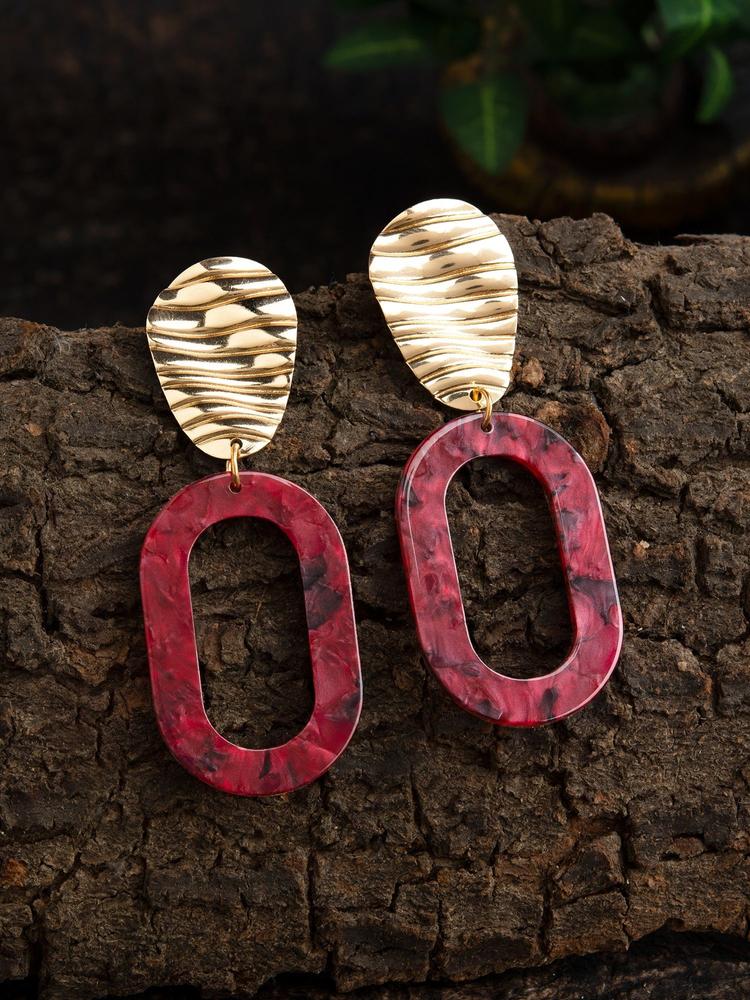 Contemporary Gold Plated Maroon Embellished Drop Earring