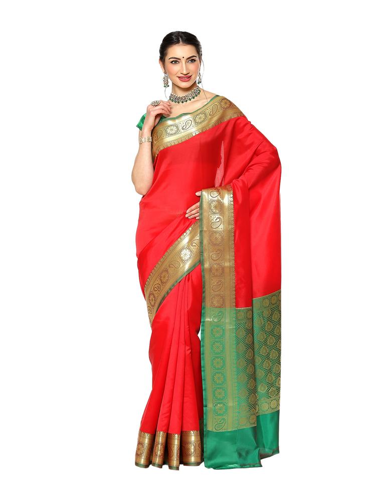 Red Valkalam Katan Silk Anchal Saree with Unstitched Blouse