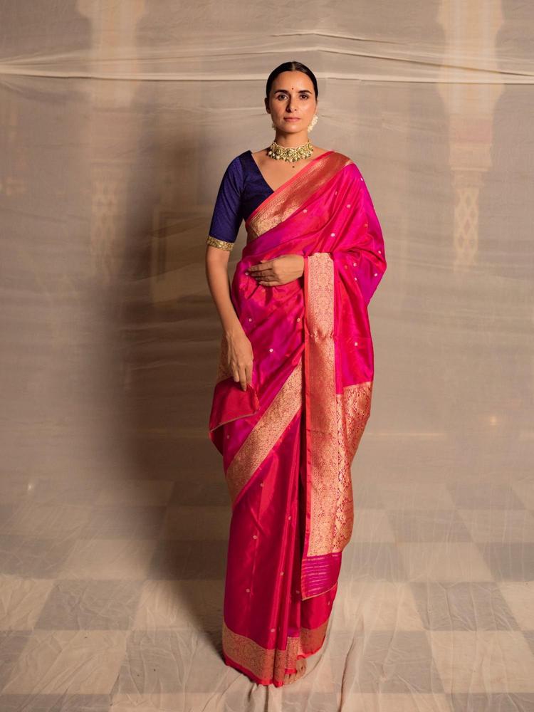 Bhairavi Pink Brocade Banarasi Saree with All Over Buti with Unstitched Blouse