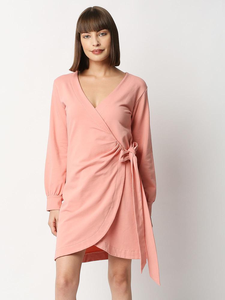Women V-Neck Short Dress Powder Pink Color Full Sleeve