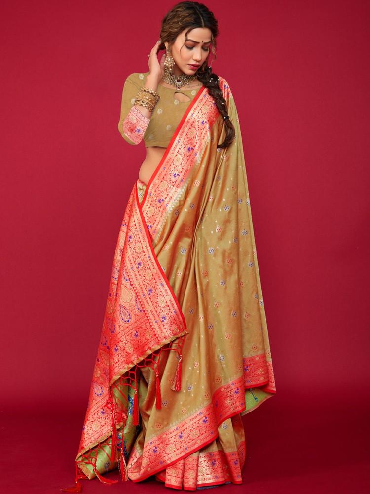 Olive Silk Printed Traditional Tassel Saree with Unstitched Blouse