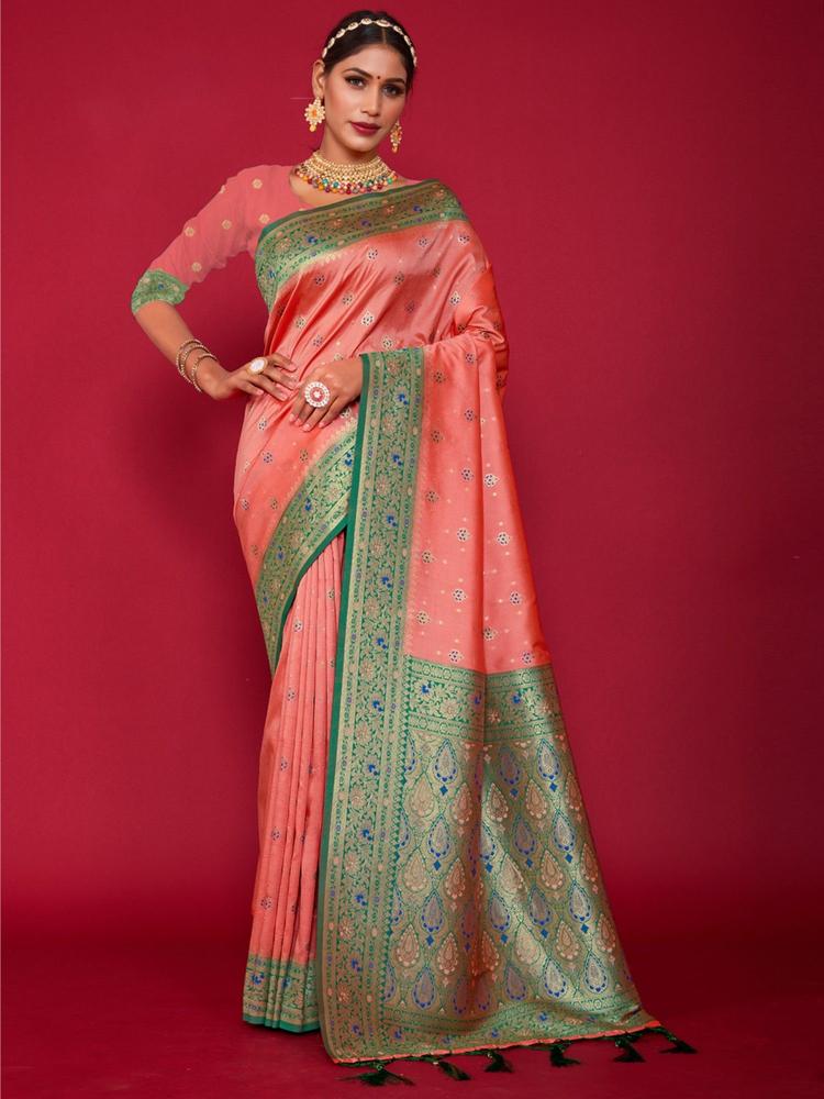Pink Silk Printed Traditional Tassel Saree with Unstitched Blouse