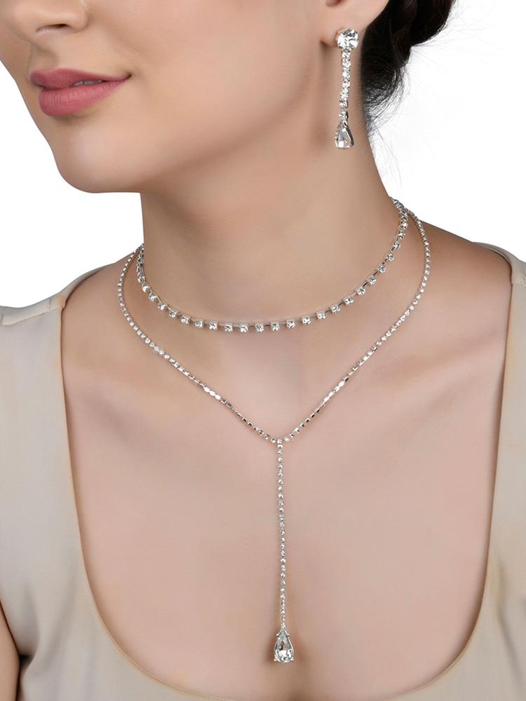 Silver Toned Two Layered Cup Chain Necklace with Dangler Earrings (Set of 2)