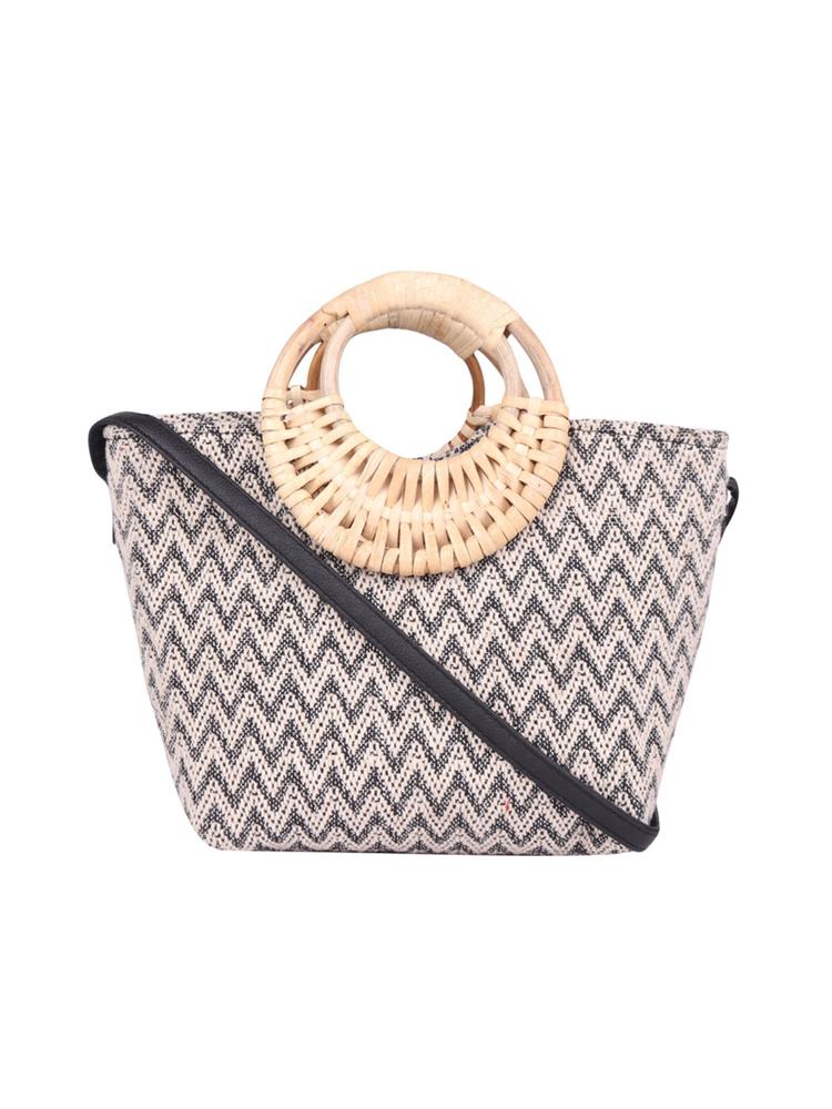 Black and White Sling Bag with Wicker Handle and Pu Strap