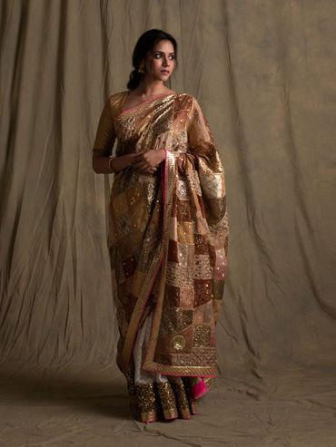 Nyra Gold and Ivory Patchwork Saree with Unstitched Blouse