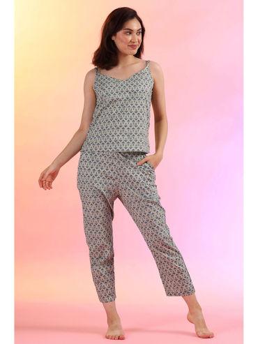 Women Cotton Grey Printed Top and Pyjama Night Suit (Set of 2)