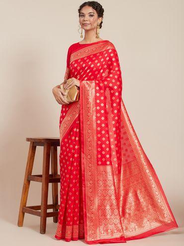 Red Banarasi Woven Design Saree with Unstitched Blouse