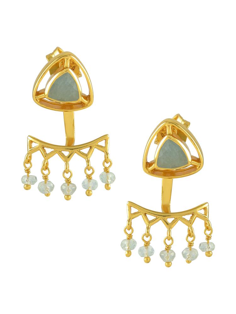 Sterling Silver Gold Plated Aquamarine Trillion Drop Front Back Earrings