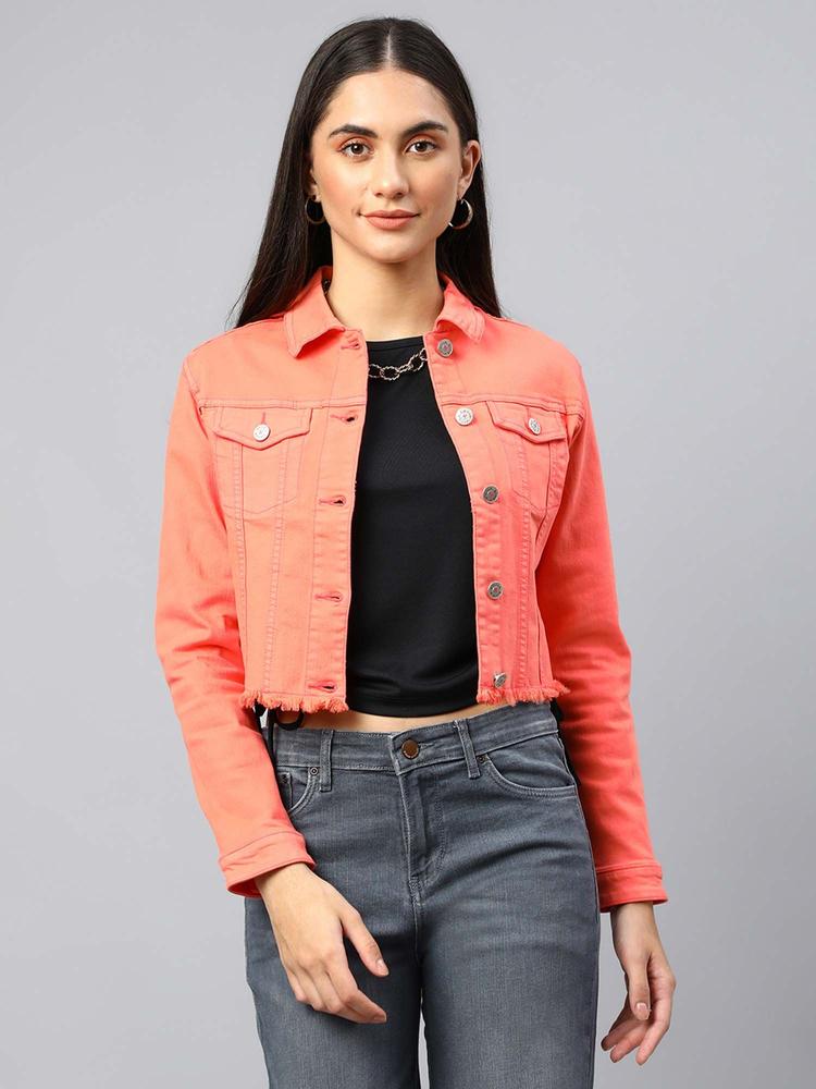 Women Orange Crop Denim Jacket
