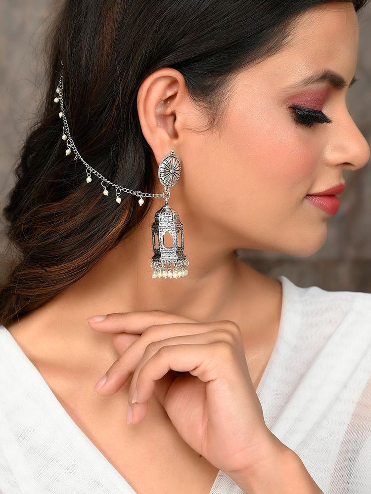 Silver-Plated Handcrafted Temple Shaped Jhumkas Earrings