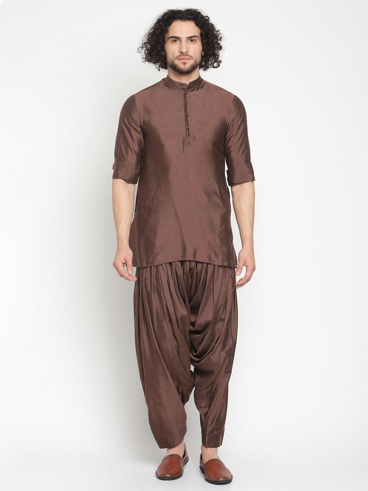 Brown Banarasi Short Kurta Paired with Afghani Pants (Set of 2)