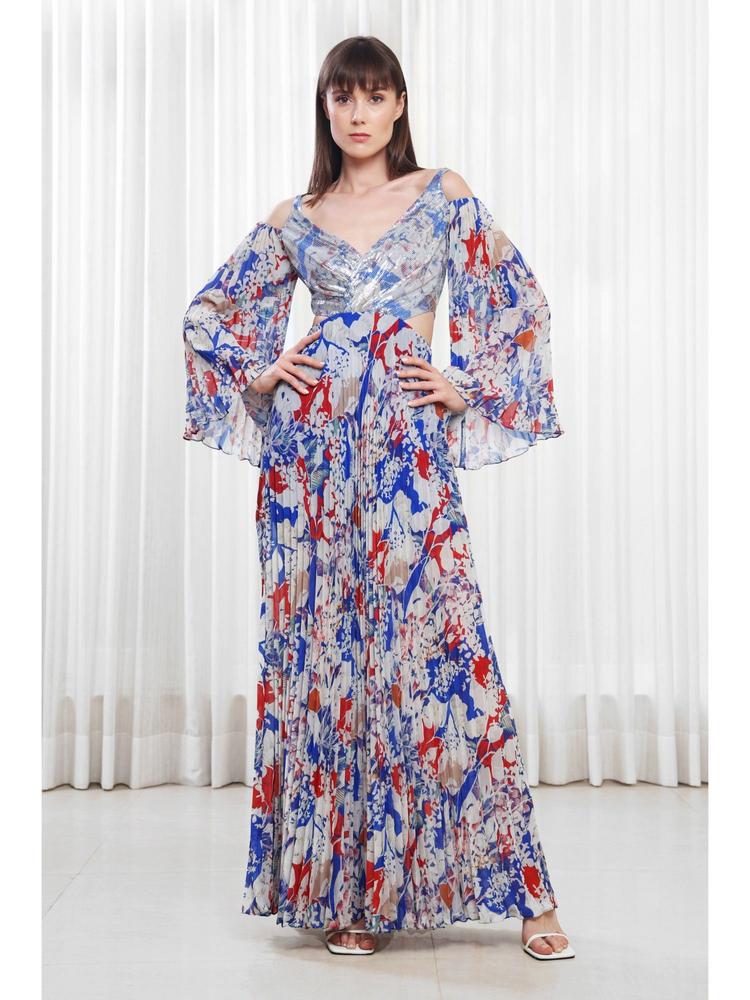 Blue Mist Printed Dress in Pleats and Sequins