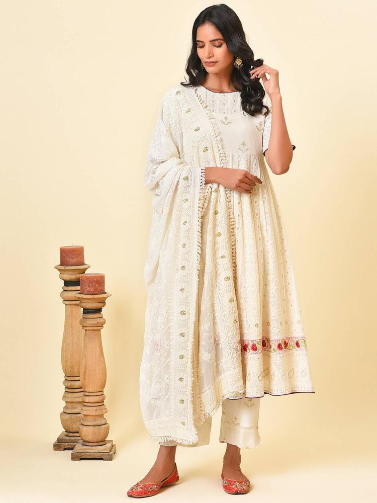 Ivory & Gold Georgette Kurta And Pant With Dupatta (Set of 3)